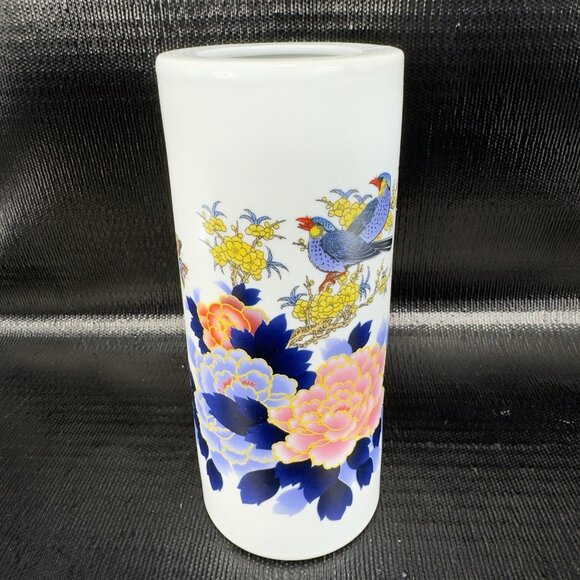 Vintage Oriental Chinese Calligraphy Ceramic Vase Vessel Raised Paint Birds VTG - Picture 14 of 16